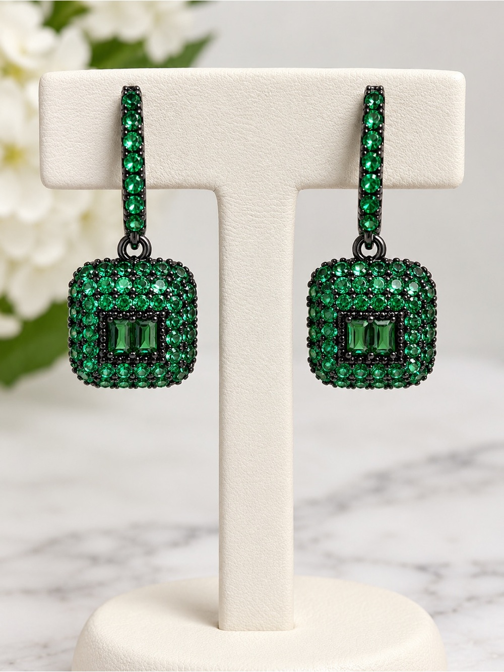 Vintage zirconia Emerald Green Pavé Drop Earrings